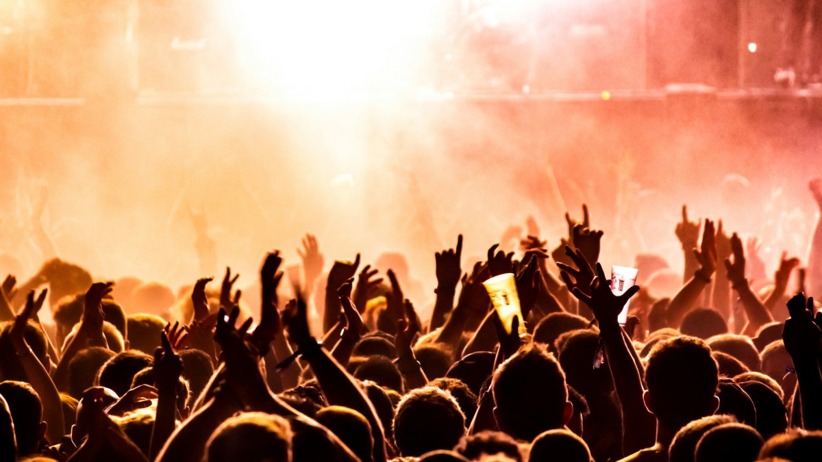 Silhouettes of concertgoers with raised hands against a bright stage light.
