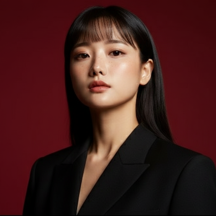 Woman wearing a black blazer against a red background