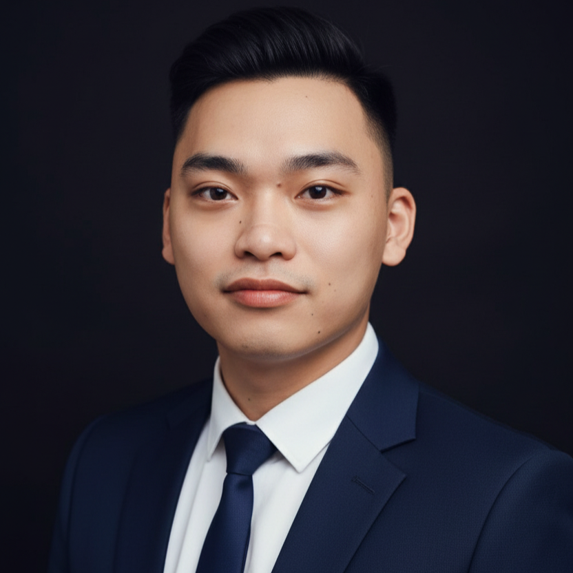Man wearing a dark blue suit and tie against a black background