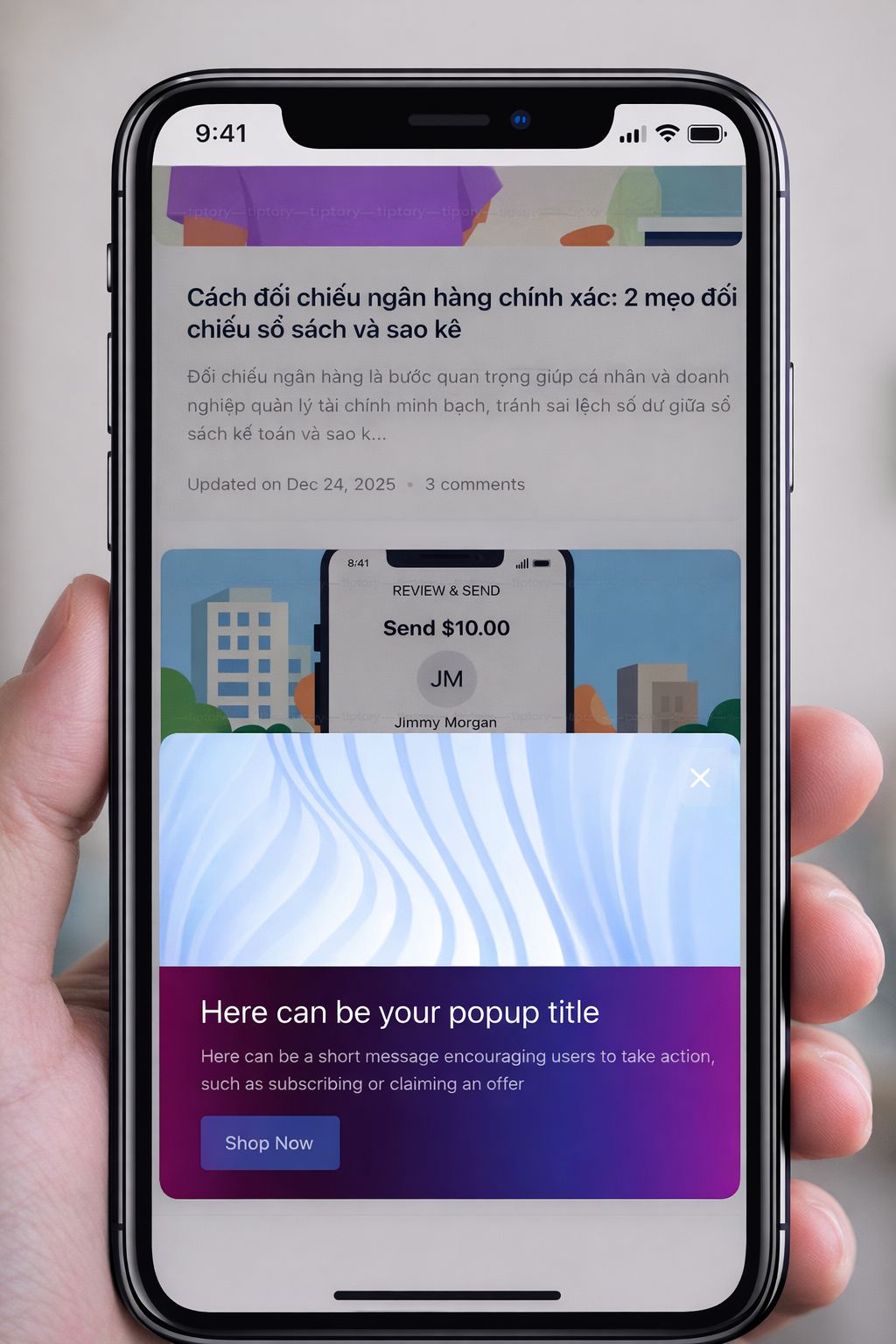 Phone screen displaying a mobile app interface with text and graphics, held by a hand.