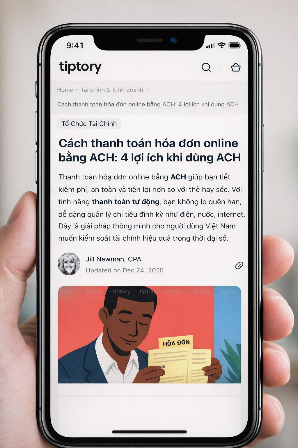 Phone displaying the Tiptory app with a news article on a white background