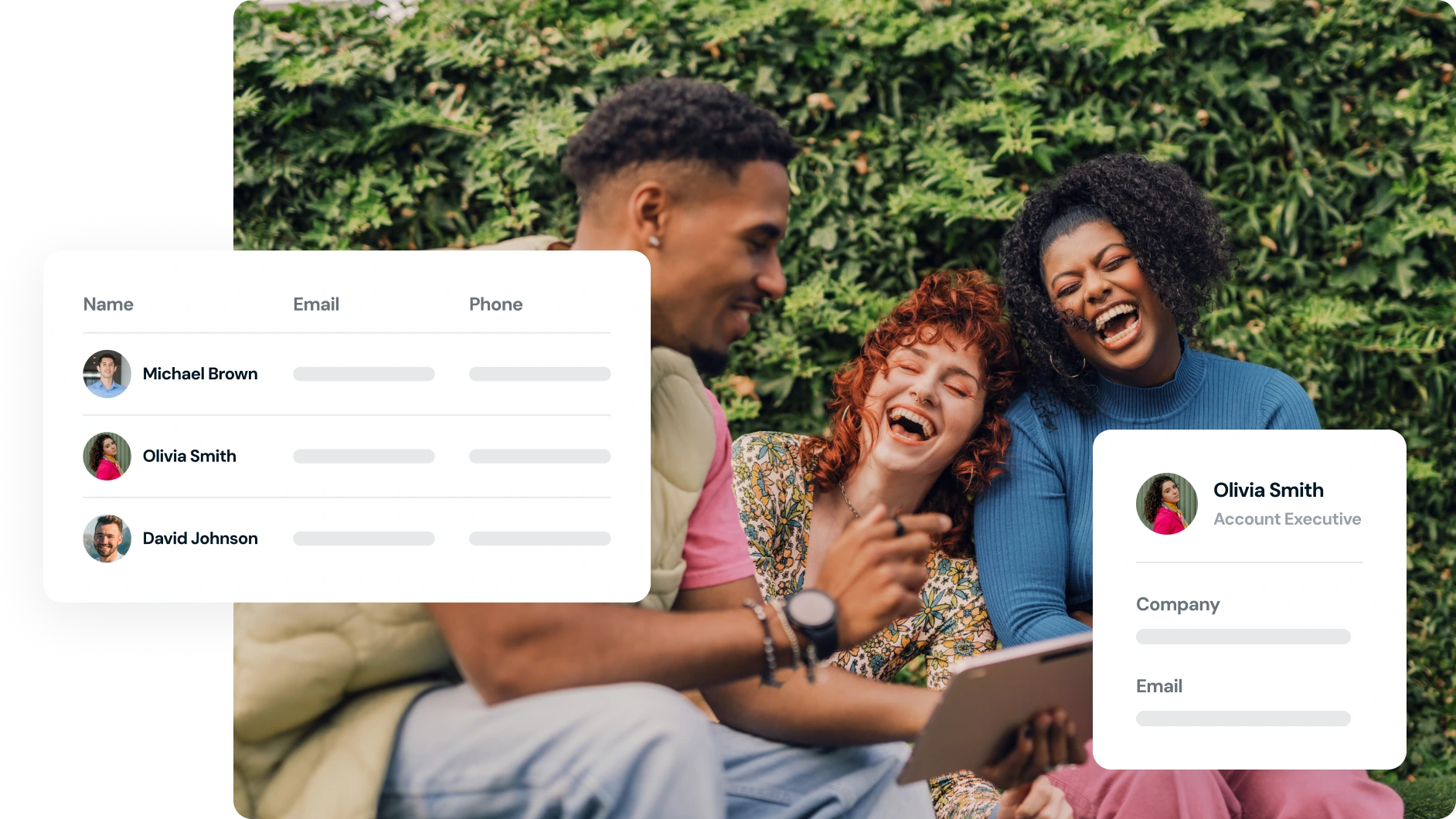Three people sitting outdoors with contact information overlays on a white background