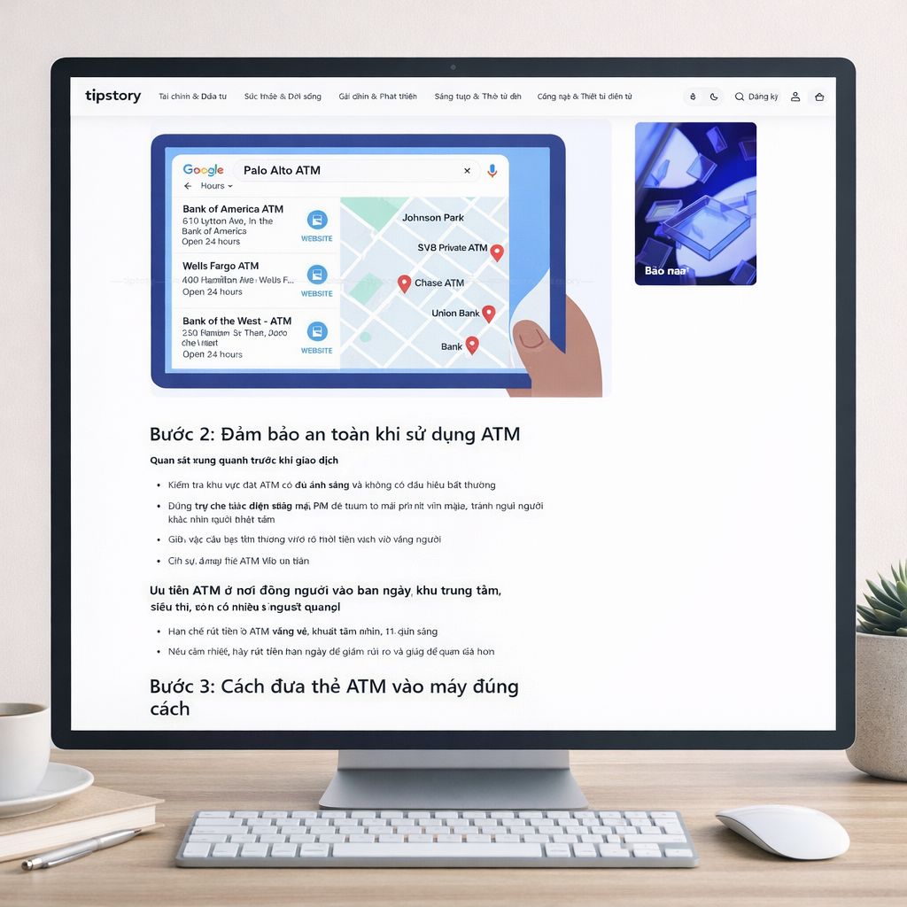 Computer monitor displaying a webpage with text and a map on a desk setup.