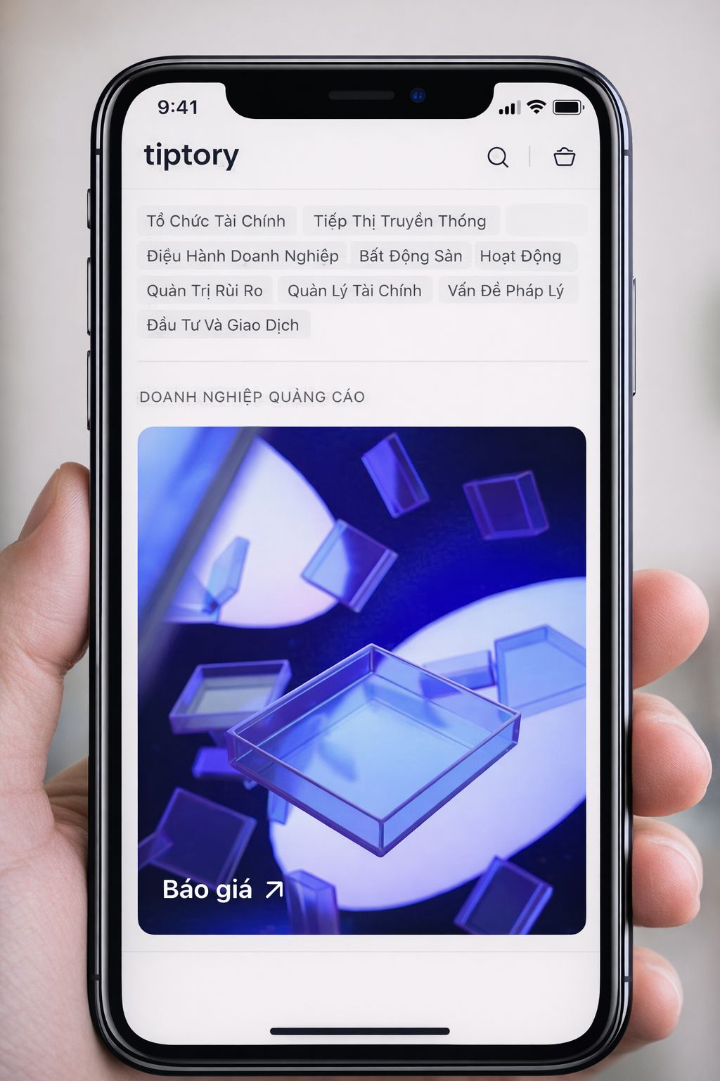 Phone displaying the Tiptory app with a blue and white graphic on the screen.