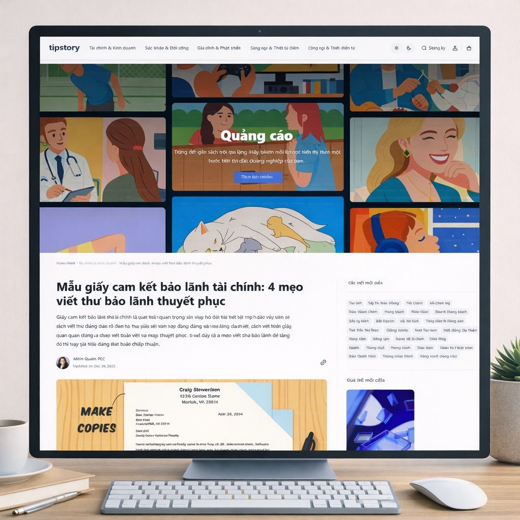 Computer screen displaying a web page with various images and text on a desk.