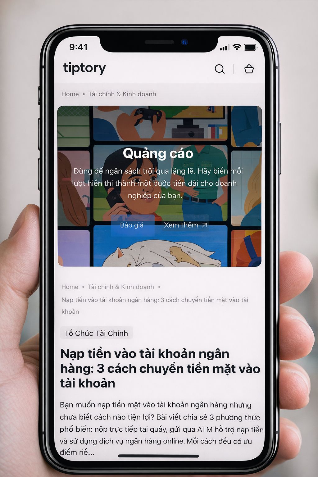 Phone displaying the Tiptory app with a Vietnamese advertisement on the screen.