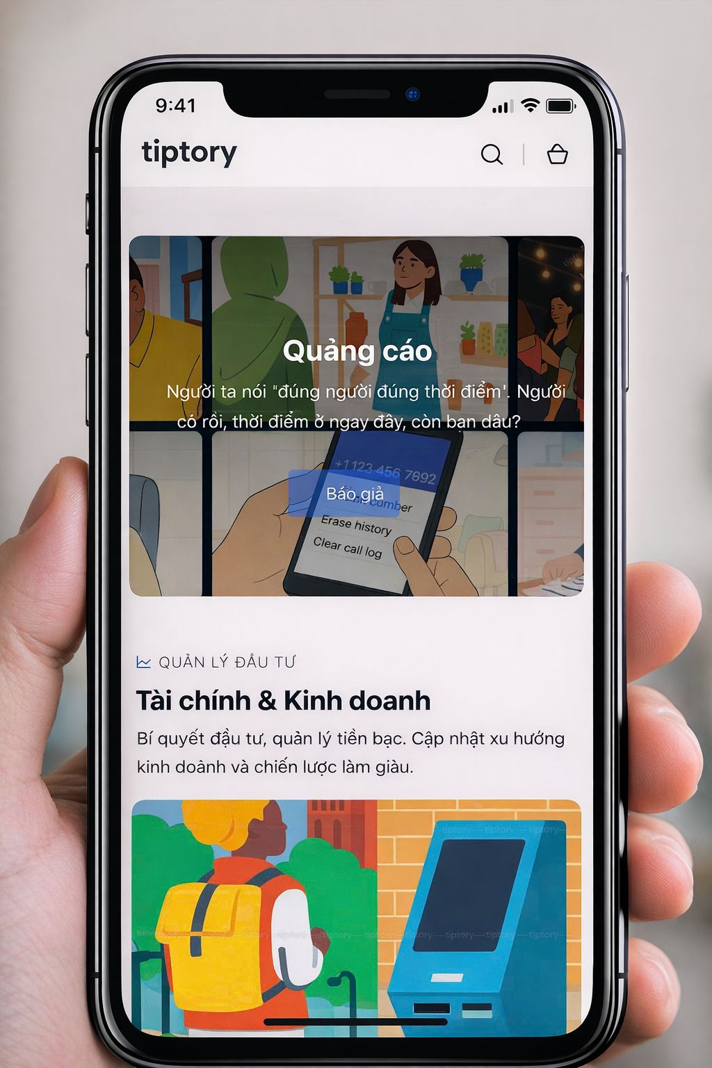 Phone displaying the Tiptory app with a colorful interface