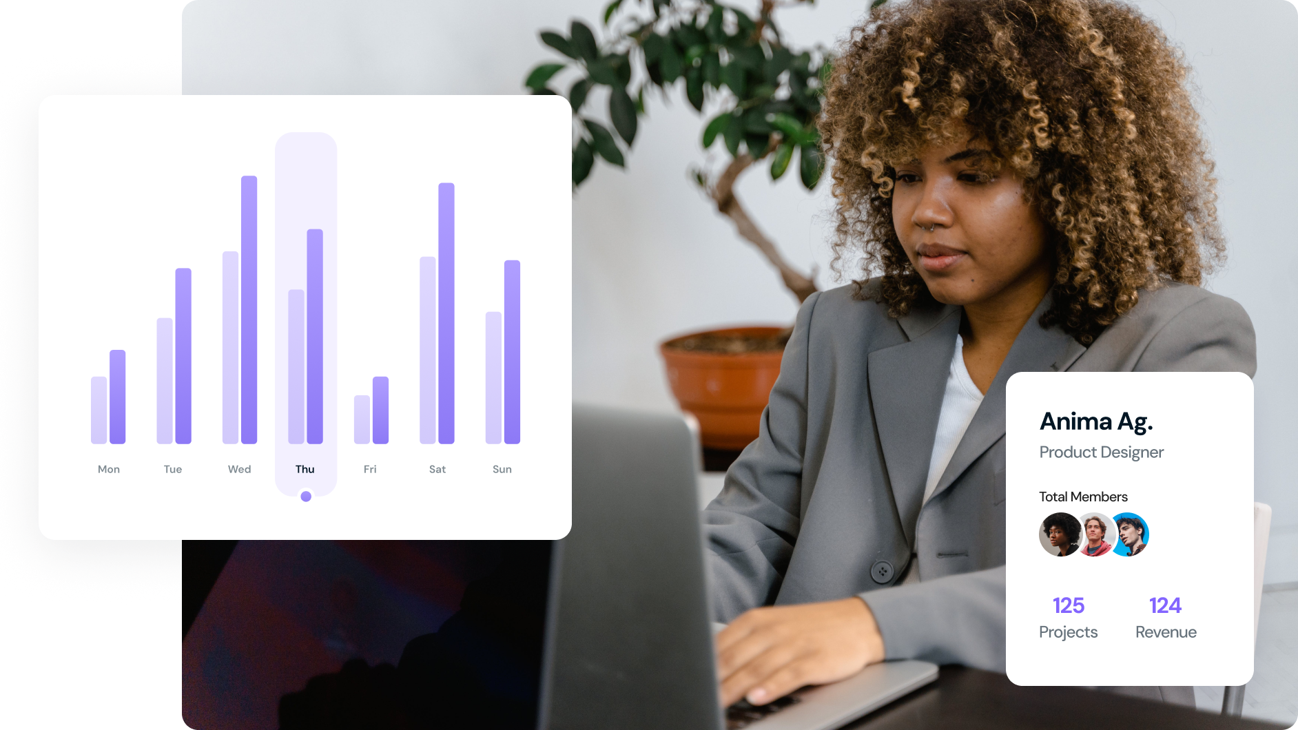 Woman working on a laptop with a graphic of bar charts and a profile card displayed.
